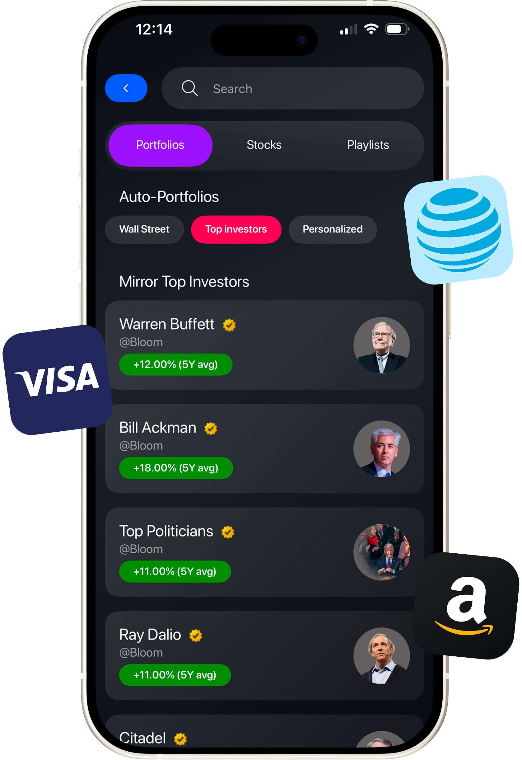 Bloom copy trading — mirror top investors like Warren Buffett, Bill Ackman, and Ray Dalio